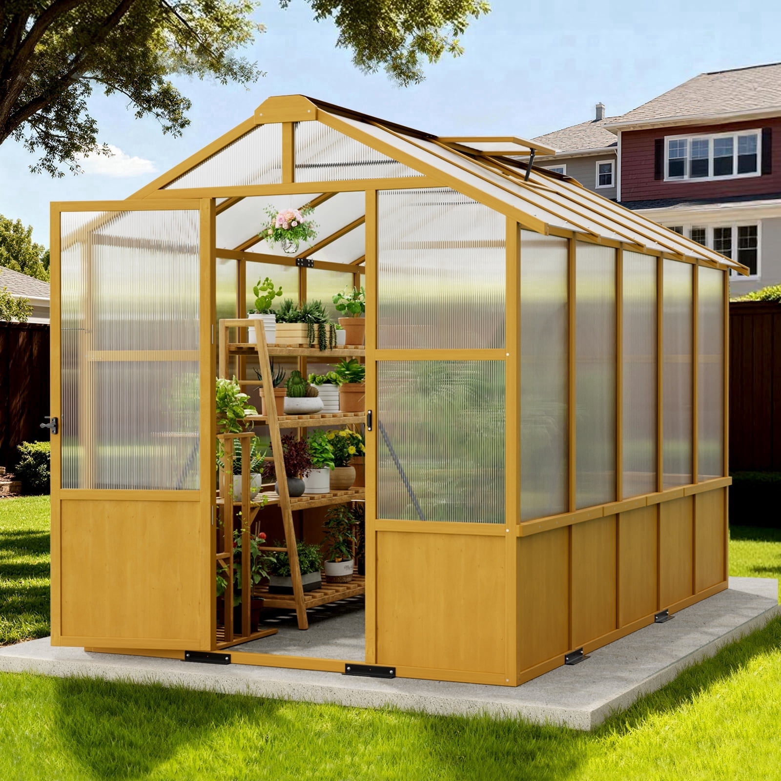 7x13 FT Walk-in Greenhouse with Pergola – Cedar Wood Frame, Clear