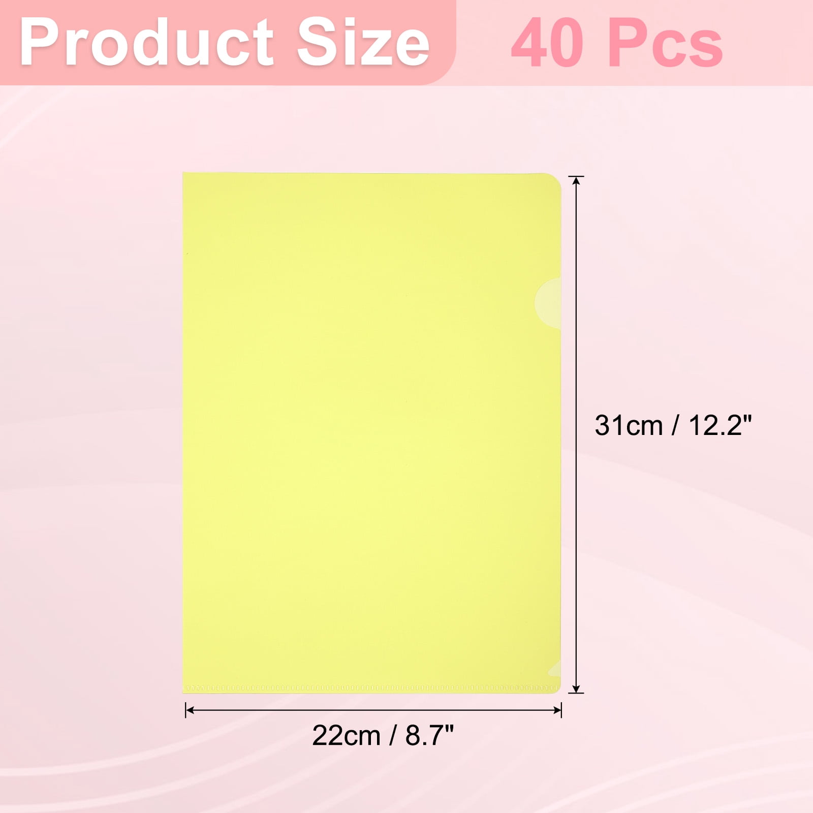 A4 Plastic Folders, 40 Pack Clear Folders L Type Project Pockets Paper Document Jacket Sleeves L Shaped Transparent for Documents Plastic Office File, 8.7x12.2in, Yellow