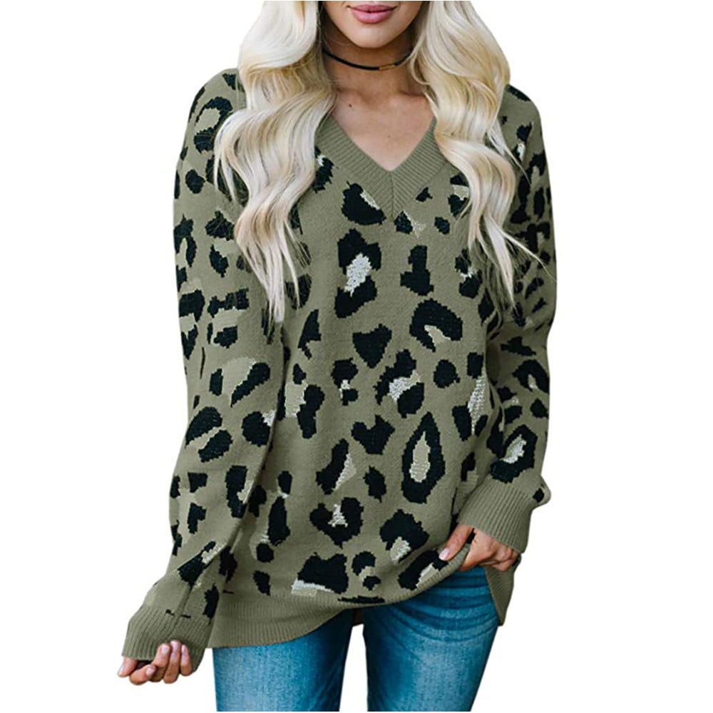 SySea - V-Neck Leopard Print Women Loose Sweater Knit Autumn Pullovers