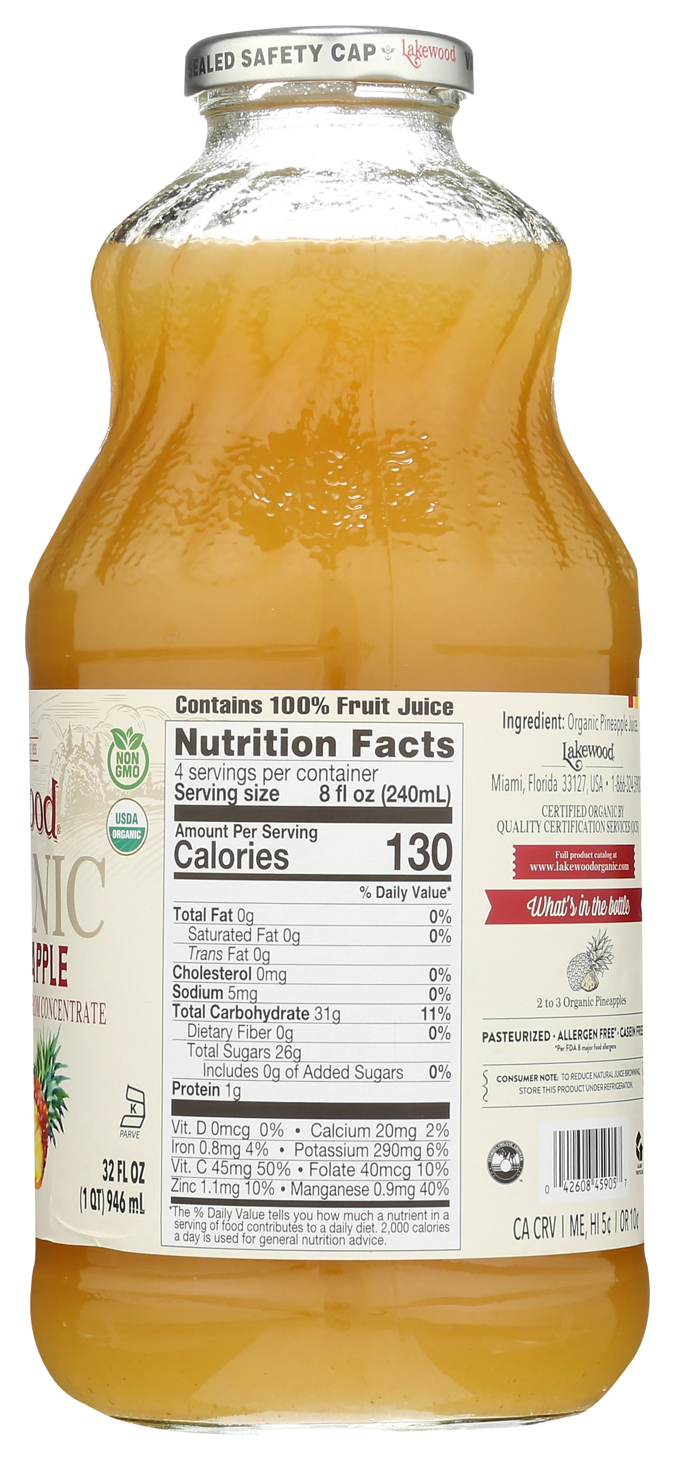 Lakewood Organic Pure Pineapple Juice Not from Concentrate Fresh Pressed 32 fl oz