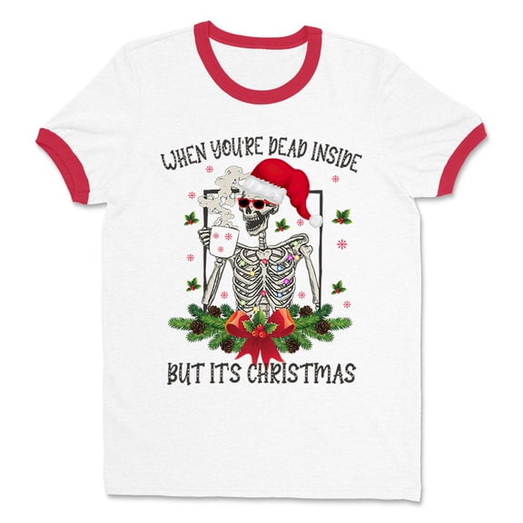 Santa Skeleton Dead Inside Ringer Tee Shirt Unisex Large White/Red