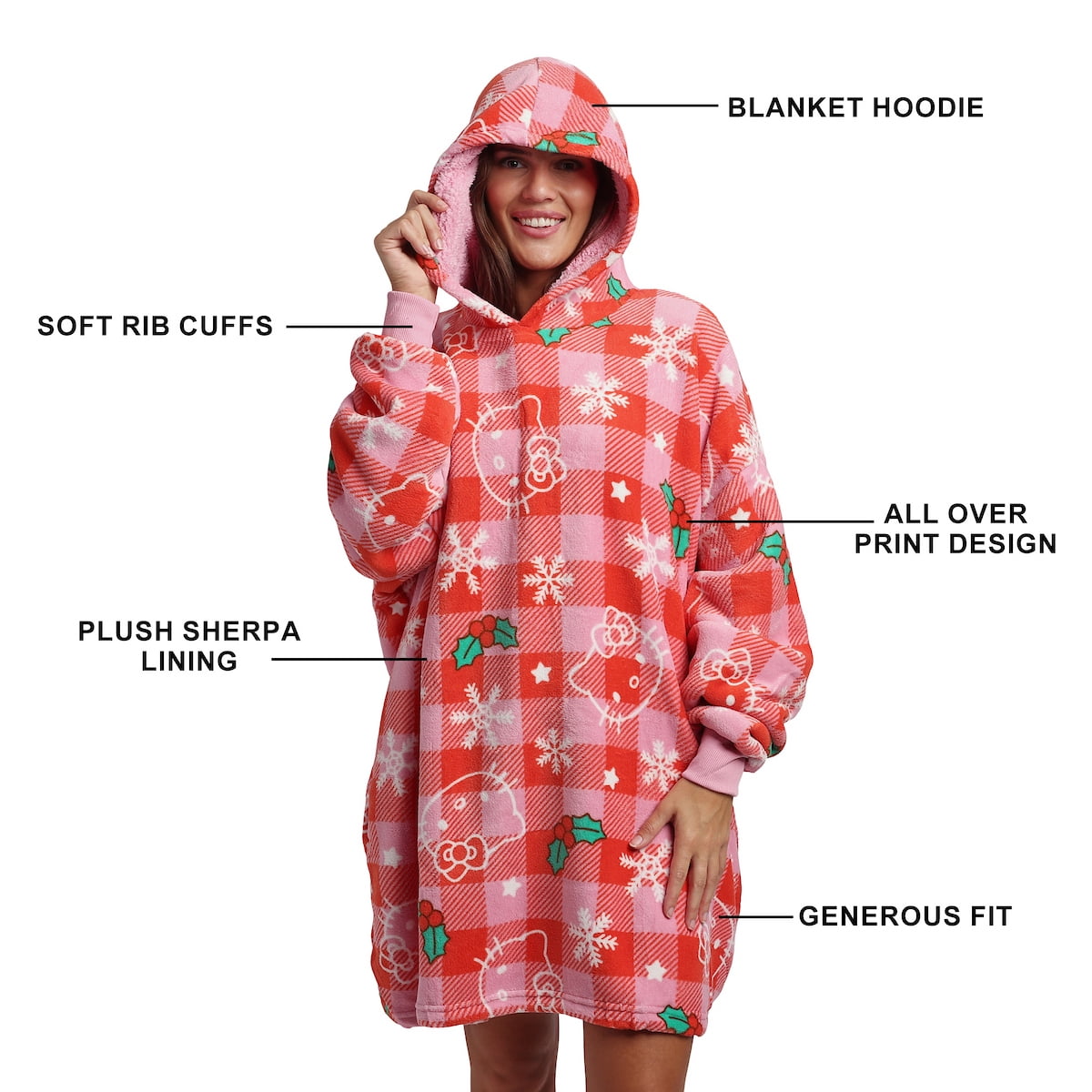 Hello Kitty Christmas Line Art Red Plaid Hoodie Wearable Blanket-OSFA