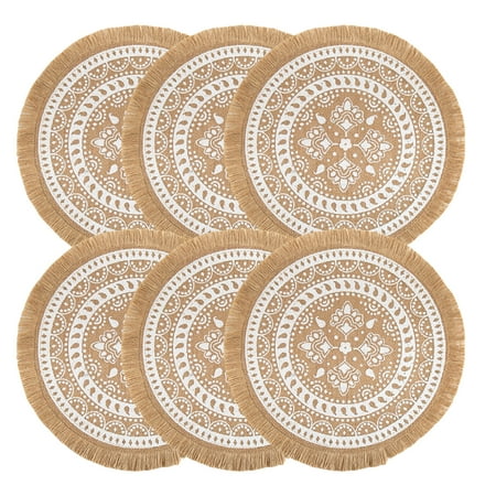 

Boho Round Placemats Set of 6 - Kitchen Plate Mats Runners for Dining Table - Mandala Bohemian Burlap Circle Placemats 15 Inch