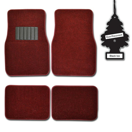 Burgundy 4 Pc Universal Carpet Car Mats w/ Heel Pad + Little Tree Blackice, Protects against spills, stains, dirt and debris. By