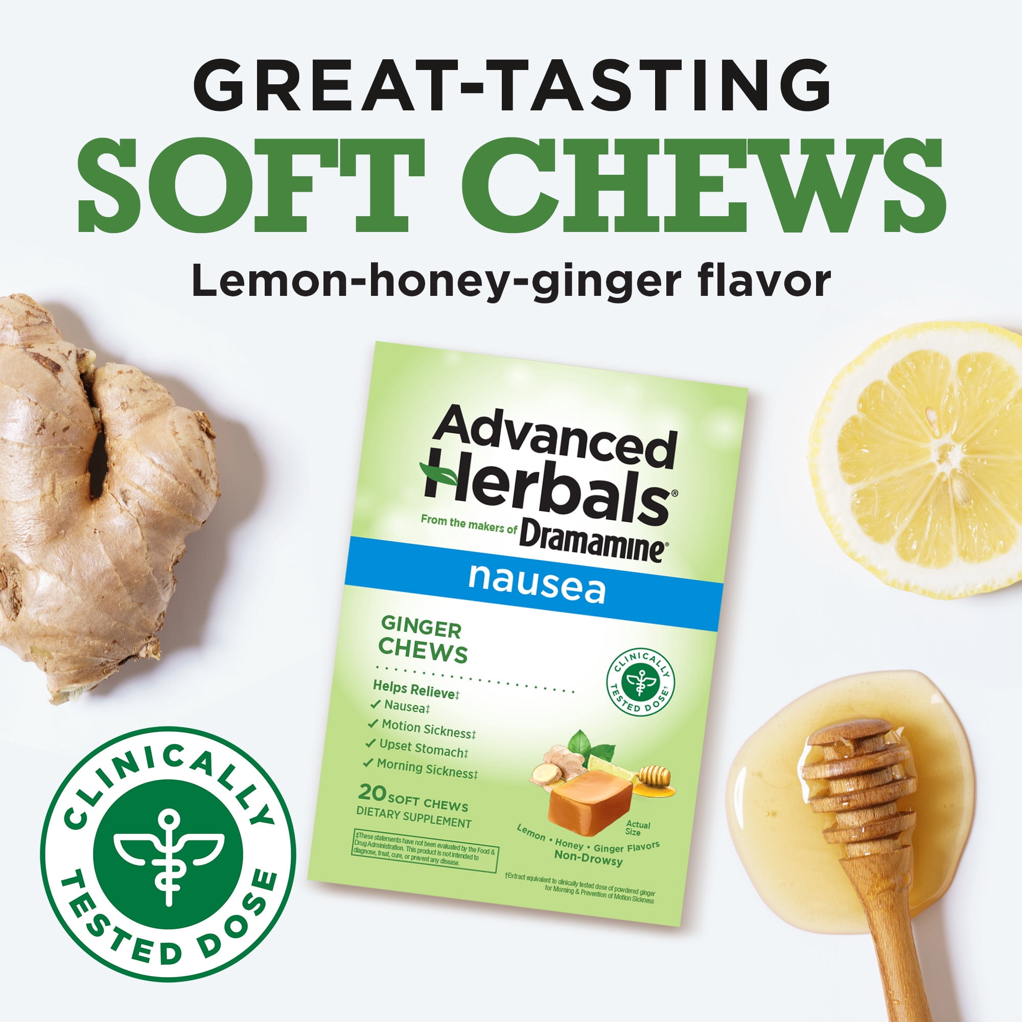 Advanced Herbals by Dramamine, Ginger Chews, Nausea Relief Soft Chews Lemon-Honey-Ginger, 20 Ct