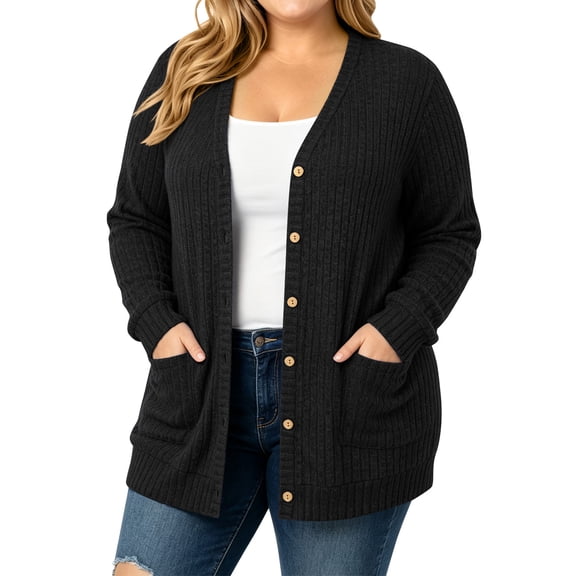 TEMOFON Cardigan Sweaters for Women Plus Size Black Womens Cardigan Long Sleeve Buttons Down with Pocket Lightweight Outerwear Fall Winter Clothes 3XL