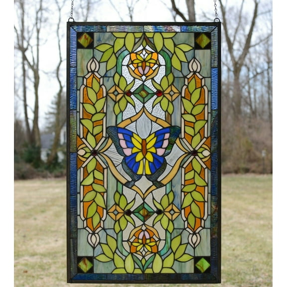 20.5" x 34.75" Handcrafted stained glass window panel Butterfly Flower