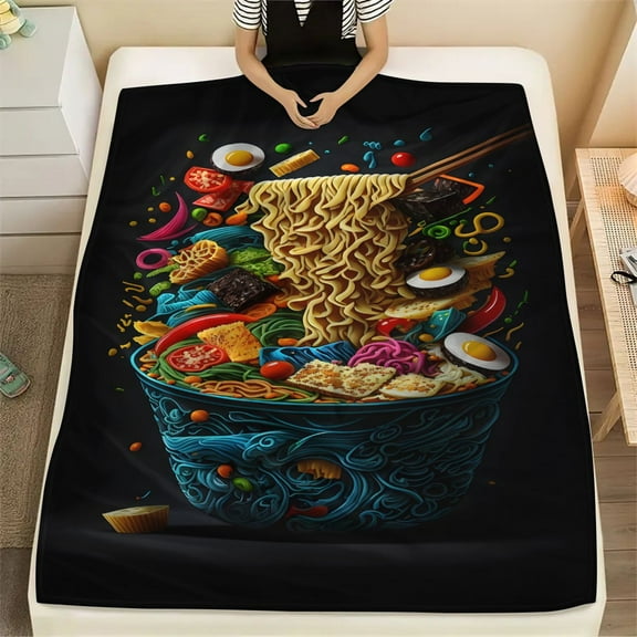 [French Style Ramen Noodle Blanket] Lightweight Plush 1pc French Style Ramen Noodle Bowl Print Flannel Throw Blanket - Comfortable, Anti-Pilling, Knitted Polyester