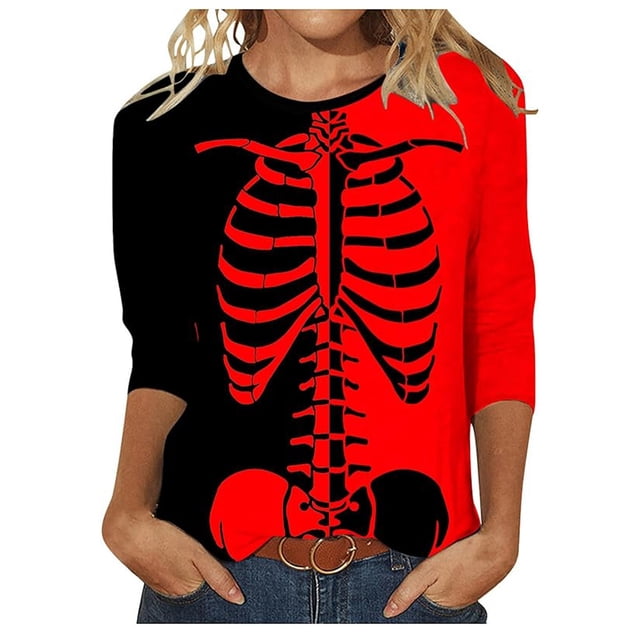 WEAIXIMIUNG T-Shirt Assorti pour Femmes, Imprimé Squelette, Col en V, Manches 3/4