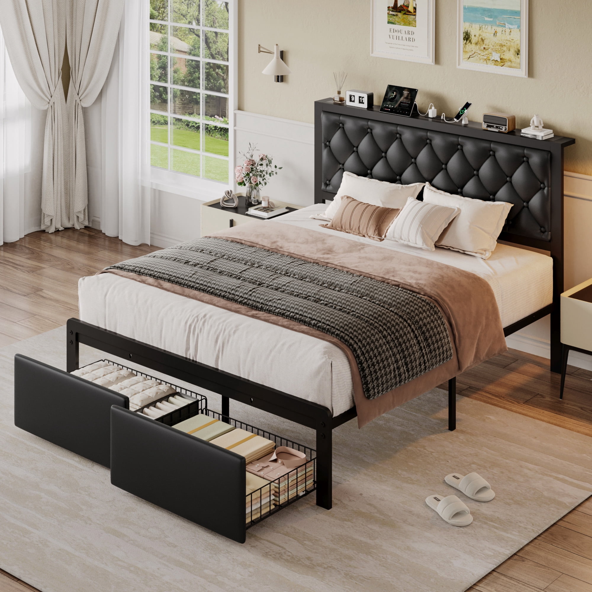 lifezone Bed Frame with Leather Upholstered Headboard, Lockable Storage, Queen Size, Black