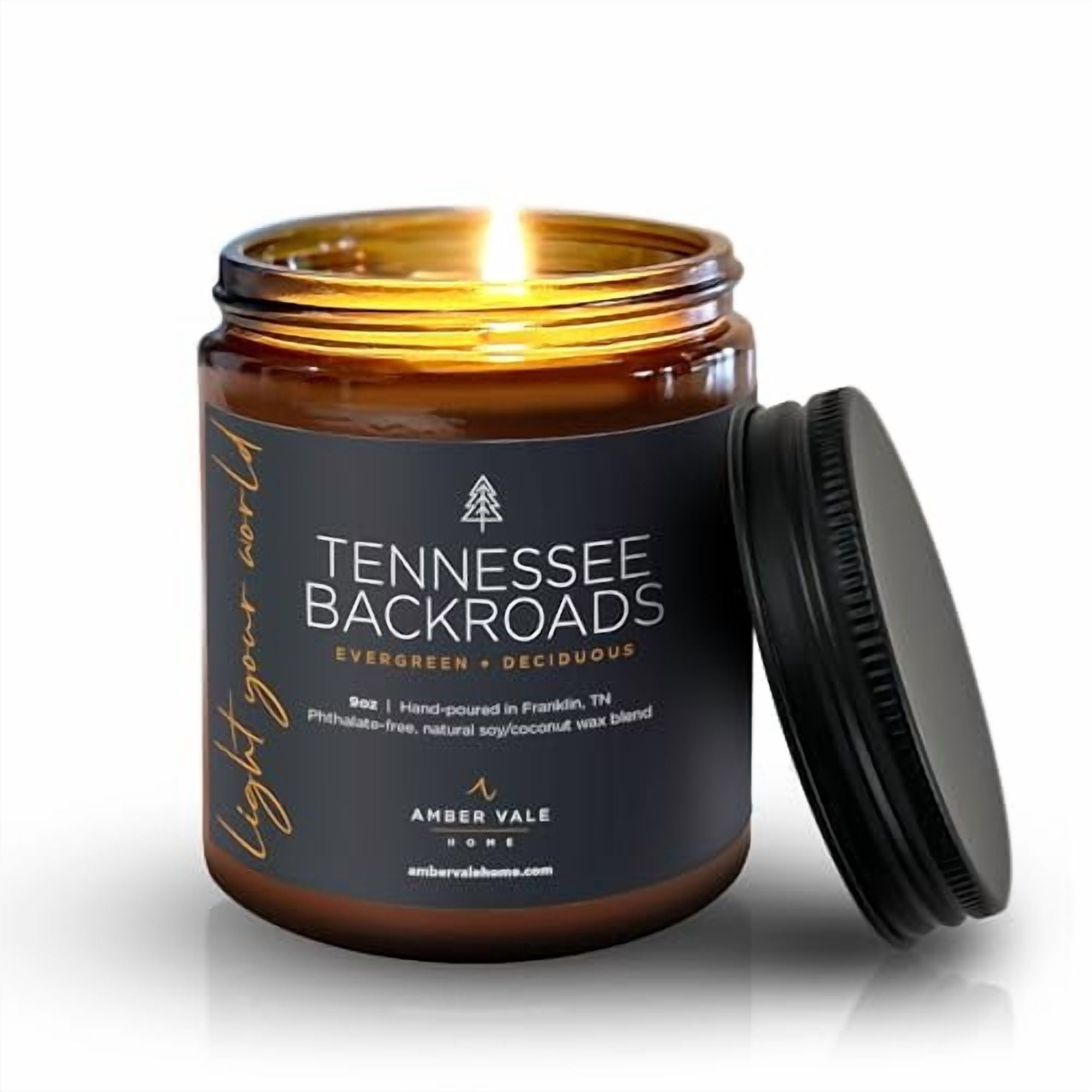Amber Vale Home Tennessee BACKROADS, Evergreen and Deciduous Pine Scented Natural Soy and Coconut Wax Candle, Phthalate Free, Non-Toxic and Healthy Clean Burning, 9oz Jar