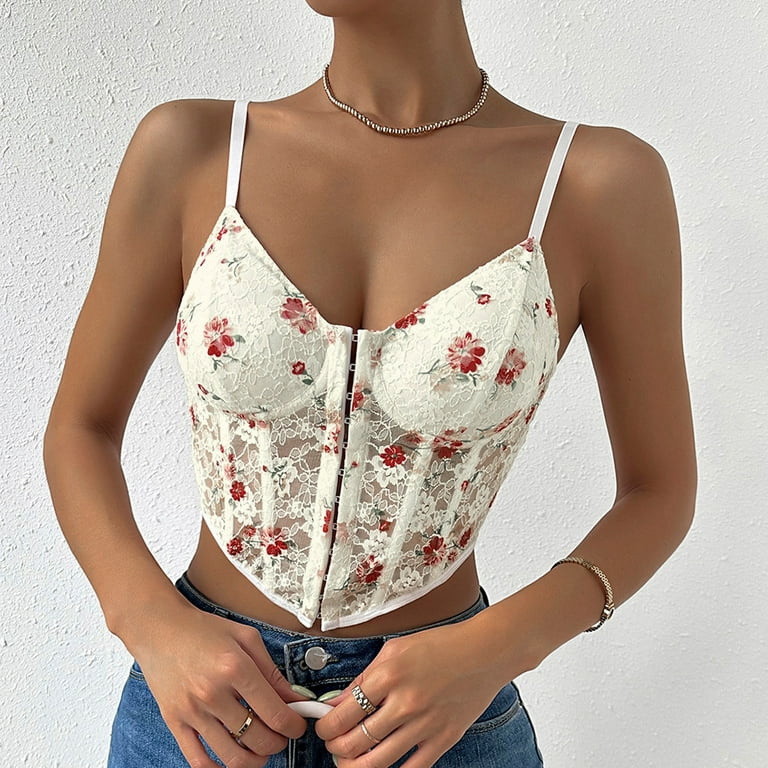RYRJJ On Clearance Womens Sexy Bustier Corset Top Y2K Eyelet Lace Floral  Print Push Up Crop Tops Vintage Tank Top Going Out Party Clubwear  Bodice(Floral Beige,XS) 