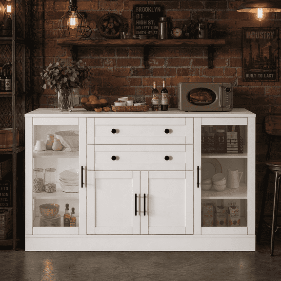 MEETFAV 58.3" Modern Sideboard Buffet with 4 Doors & 2 Drawers, Adjustable Shelves, Power Outlet, Aluminum Alloy Handles for Dining Room, White