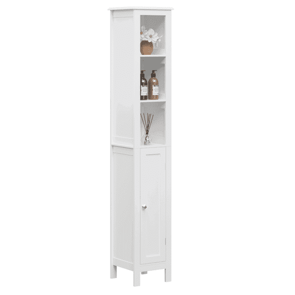 Resenkos 66.92" White Tall Bathroom Storage Cabinet - 1 Door, Freestanding with Anti-Tip & Open Compartments, Adjustable Shelves