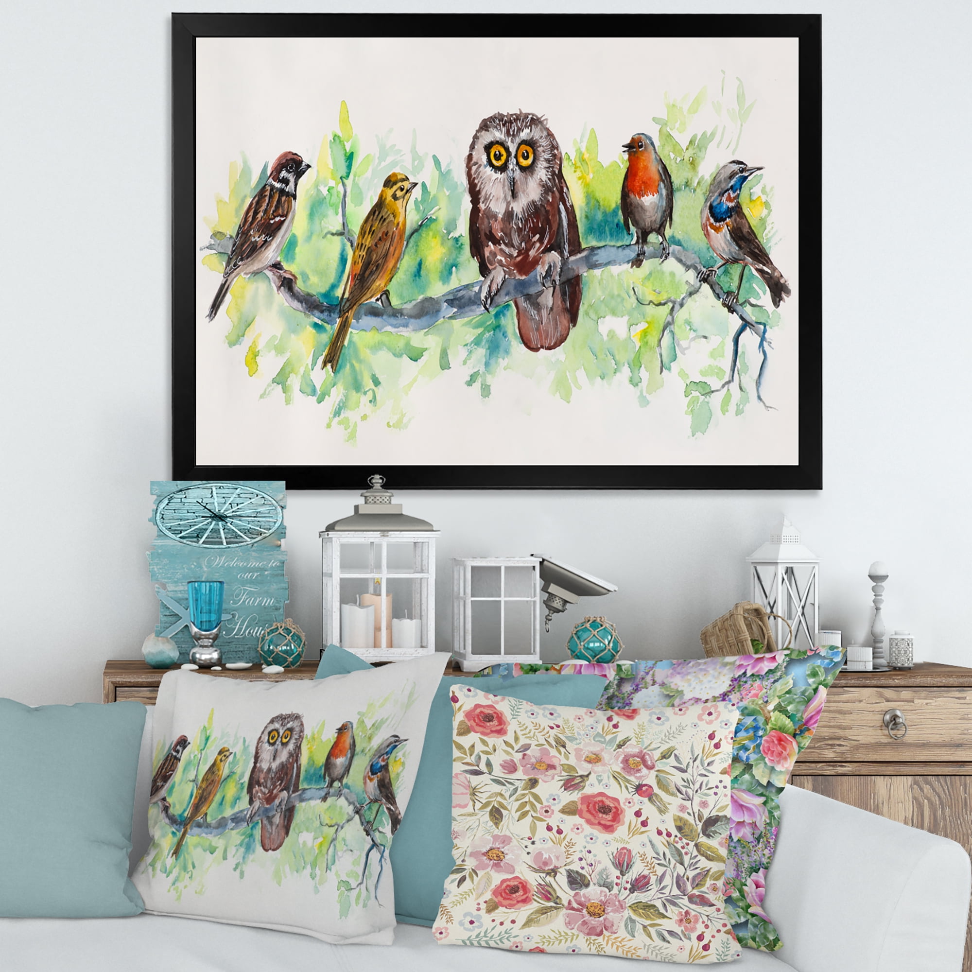 Designart 'Bird Friends With Owl On A Branch' Traditional Framed Art Print
