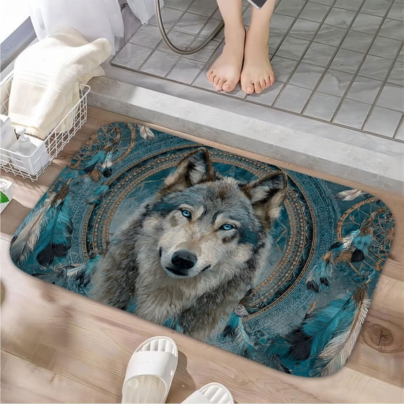 1pc Wolf with Dreamcatchers Absorbent Non-Slip Bathroom Thickened Flannel Rug Decor,Soft,Quick Drying,Suitable For Indoor/outdoor Use,Bathrooms,Bedrooms,Kitchens,Terrace,Laundry Rooms,16"x24"