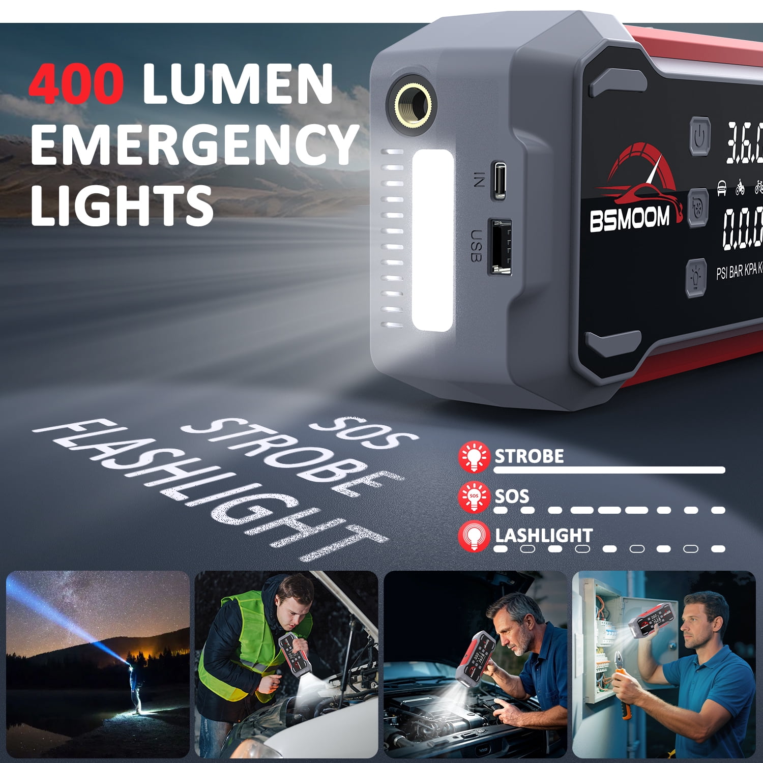 BSMOOM 9000A Car Jump Starter with Air Compressor, 12V Portable Car Battery Jump Box Power Pack with 150PSI Tire Inflator & LCD Display, LED Light, Jumper Cable (Up to 10L Gasoline/8L Diesel Engine)