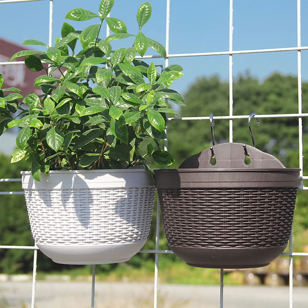 Set of 2 Pcs Hanging Planters Outdoor Hanging Basket Plastic Flower Pot Plants Holder Hanger for Balcony Fence Wall Mounted