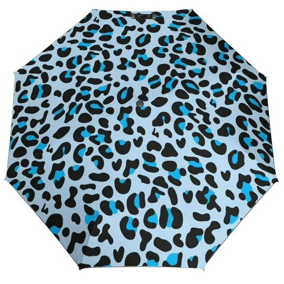 Blue Leopard Print Umbrella for Rain - Portable, Double Layer Automatic Folding Umbrella UV Protection for Rain Car Travel Outdoor Men Women