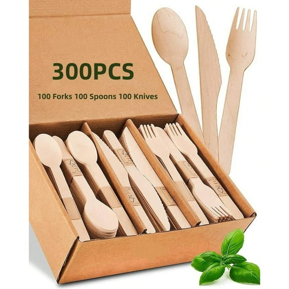 Birch Wood Cutlery Set – Includes 100 Forks, 100 Spoons, And 100 Knives (300 Pieces Total). Made From 100% Natural, Compostable Materials