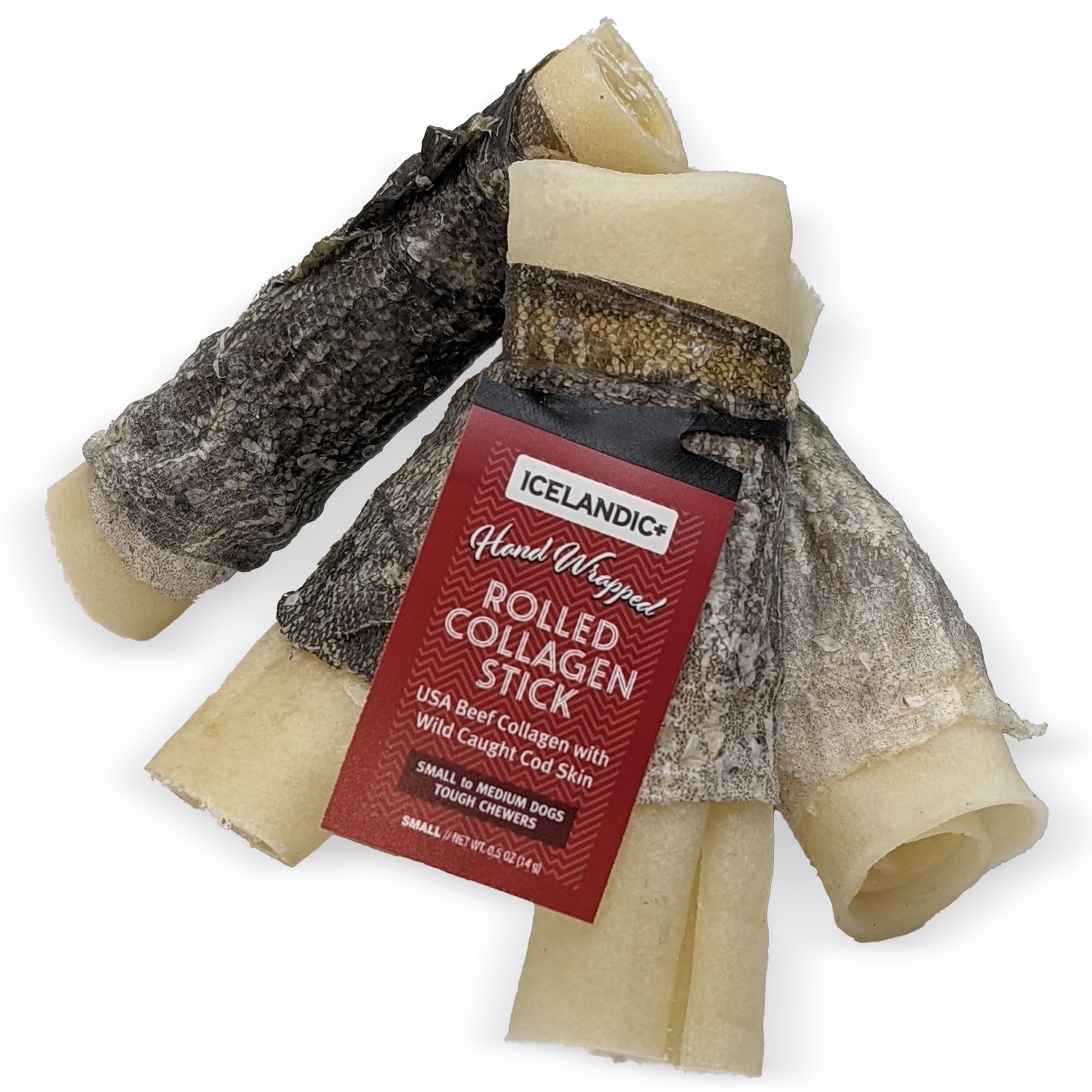 Icelandic+ Rolled Collagen Stick: Beef & Cod Skin - 12 Pack - 4" Dog Chew Treat, Hand-Wrapped Fish, 2 Ingredient Pet Snacks, Rawhide Alternative