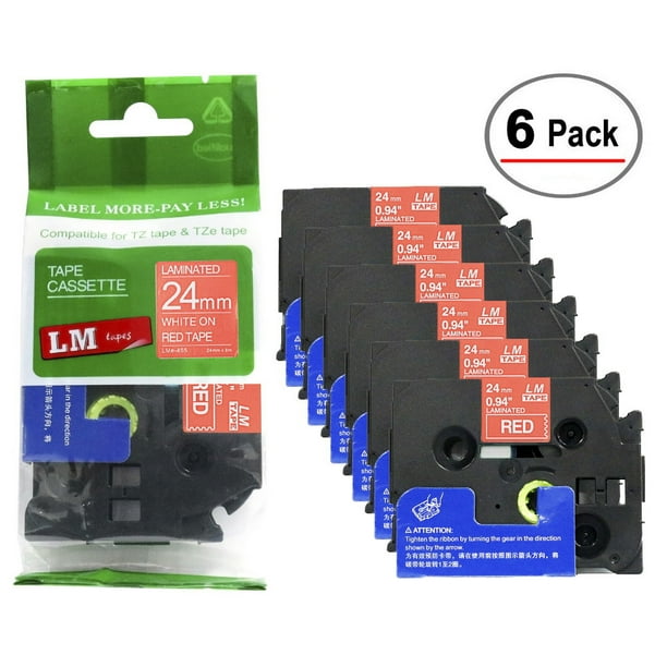 6/Pack LM Tapes - Premium 1" White Print on Red Label (24mm 0.94 Laminated) Compatible with TZe-455 P-touch Tape and with a great Tape Color/Size Guide for easy reordering. - Walmart.com