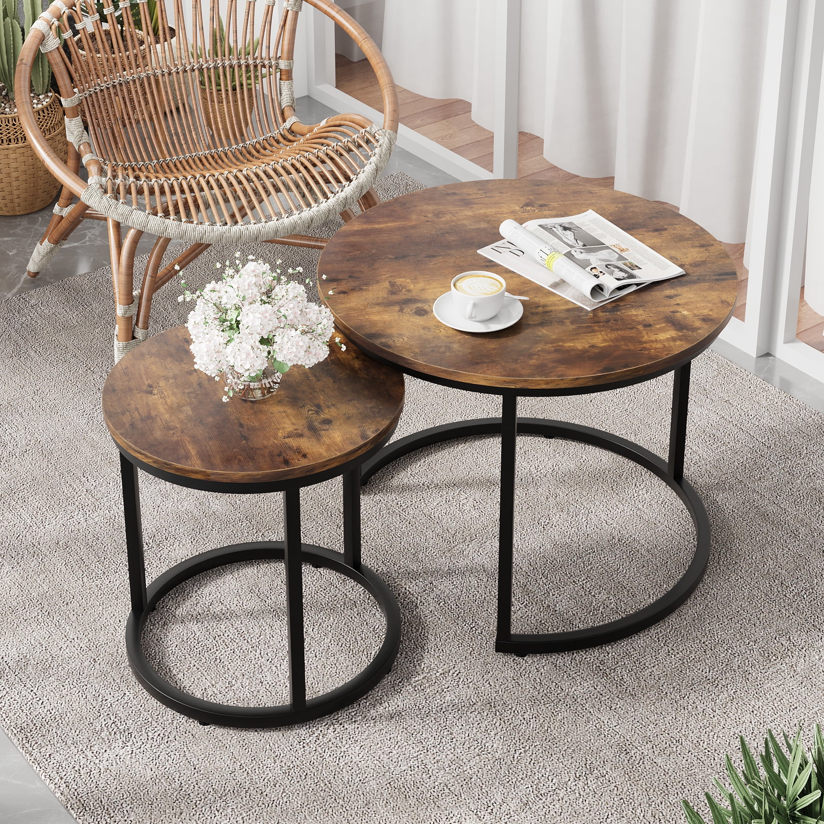 Algherohein Round Nesting Coffee Table Modern Marble Top Set of 2 for Living Room Black