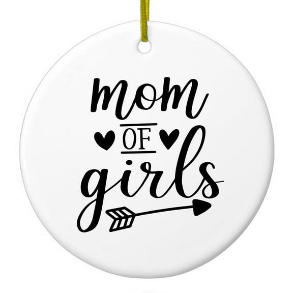 DistinctInk Hanging Ceramic Christmass Tree Ornament with Gold String - Great Gift / Present - 2 3/4 inch diameter - Mom of Girls