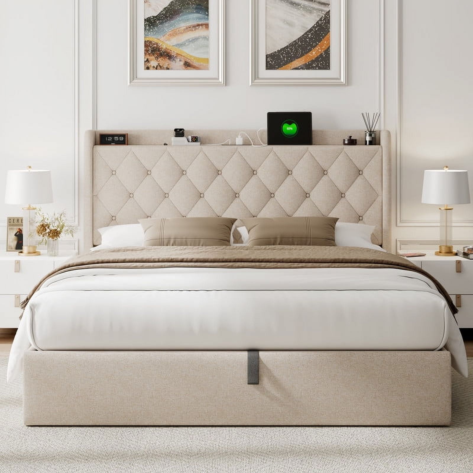 iPormis Full Size Bed Frame with Lift Up Storage & Charging Station, Button Tufted Wingback Upholstered Headboard, Beige