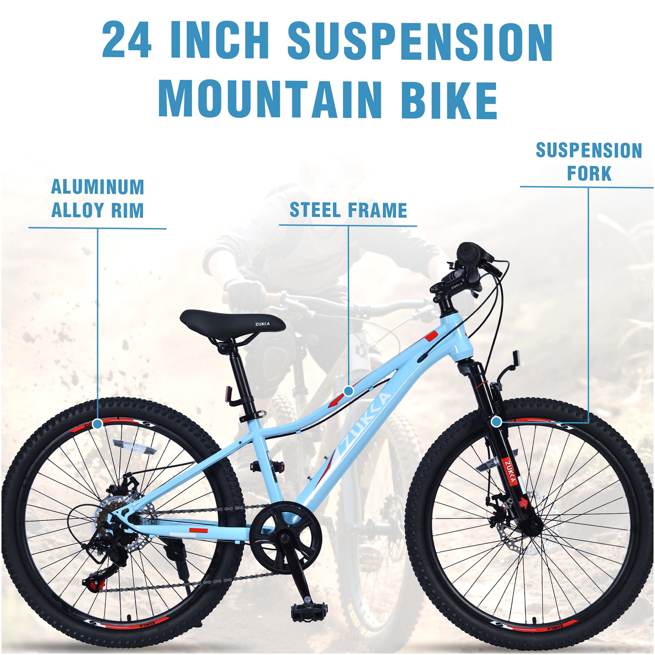 JERFIT 24 Inch Youth Mountain Bike for Boys and Girls, 6-Speed Shimano Gears, Steel Frame, Front Suspension Fork, Front & Rear Disc Brakes, Blue