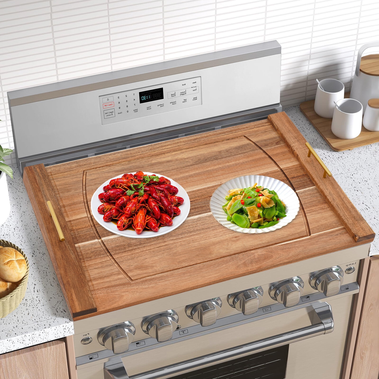 Stove Top Cover 30"x22" Wood Noodle Board with Handles, Natural Cooking Oil Coating, Heavy Duty Stove Cover for Gas/Electric Stove, Extra Counter Space for Kitchen, RV, Apartment