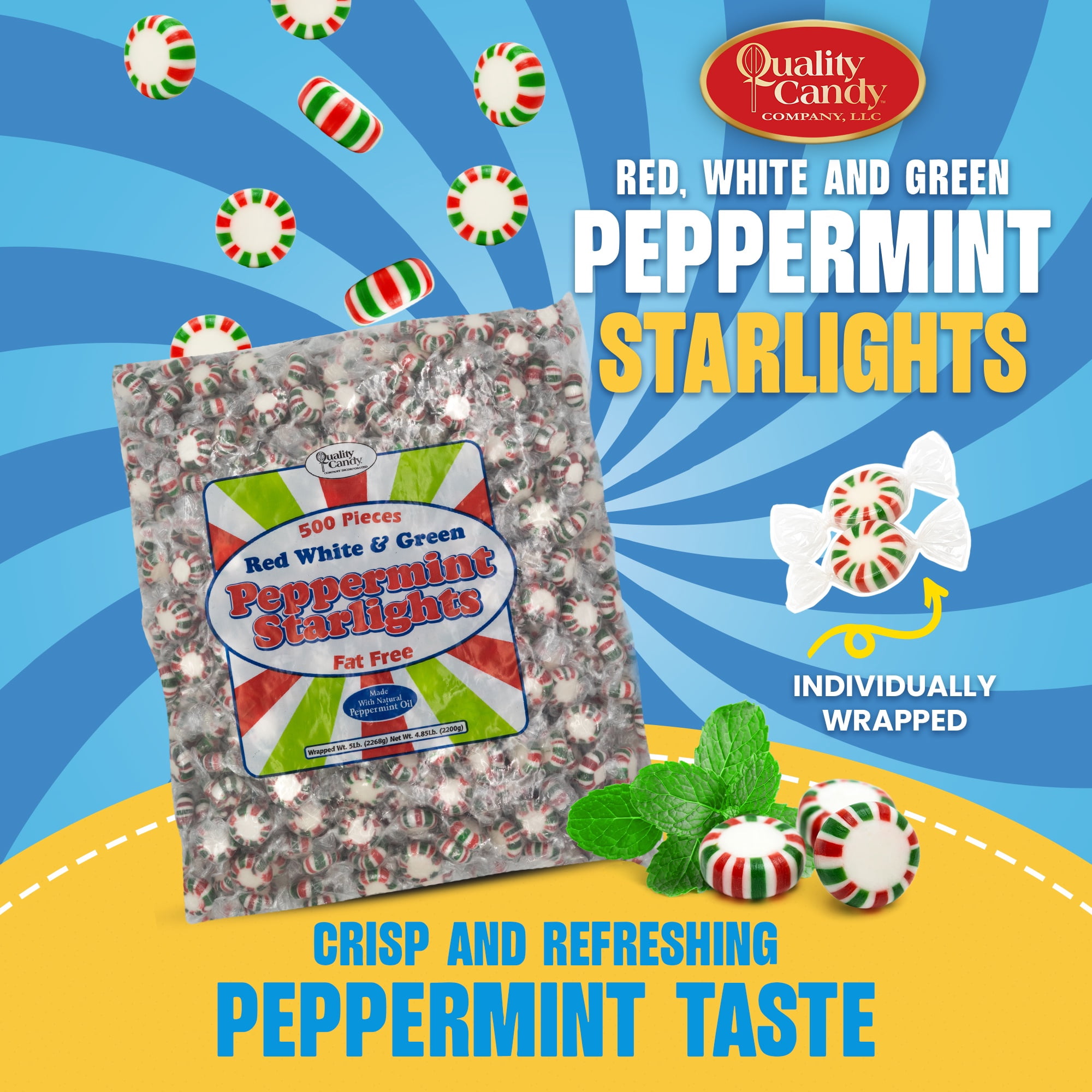Quality Candy Company Holiday Peppermint Starlight Mints – Festive Red, White & Green Hard Candy Made with Real Peppermint Oil – Individually Wrapped for Christmas Parties & Gift Bags, 5 LB Bulk Bag