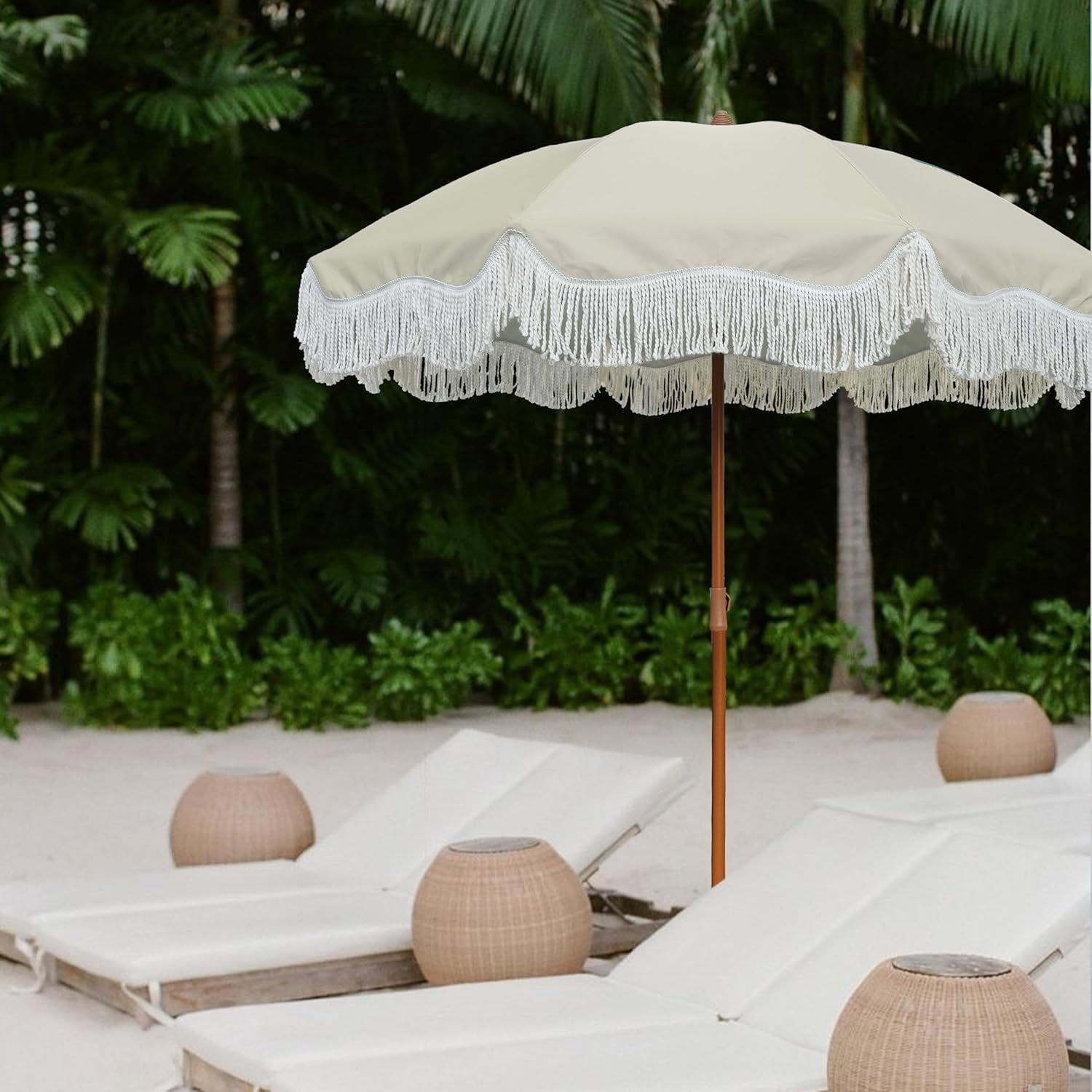 6.5ft Boho Outdoor Umbrella with Fringe, UPF 50+ Picnic Umbrella with Tassels, Premium Steel Pole and Push Button Tilt, Light Beige