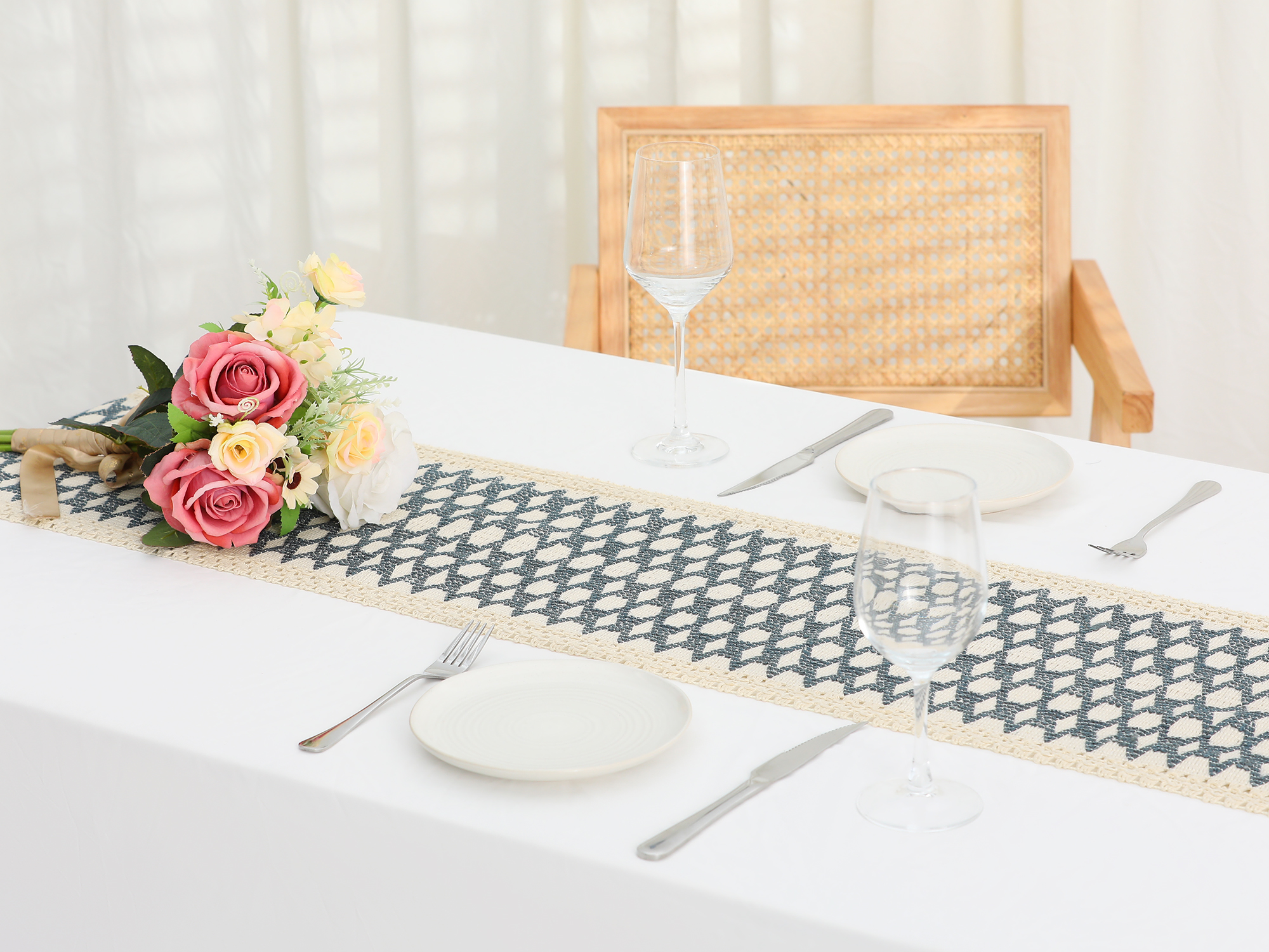 Unique Bargains 1 Pack Row of Fringe Table Runners Floral Table Banner Dark Blue 12"x87"