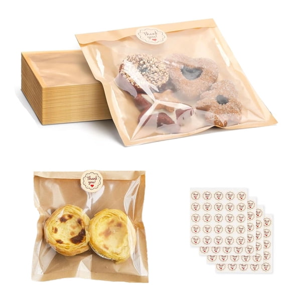 100Pcs Kraft Bakery Bags with Window, Brown Paper Food Bags for Bread, Cookies, Donuts, Pastries, Sandwiches, Treats and Homemade Baked Goods Packaging