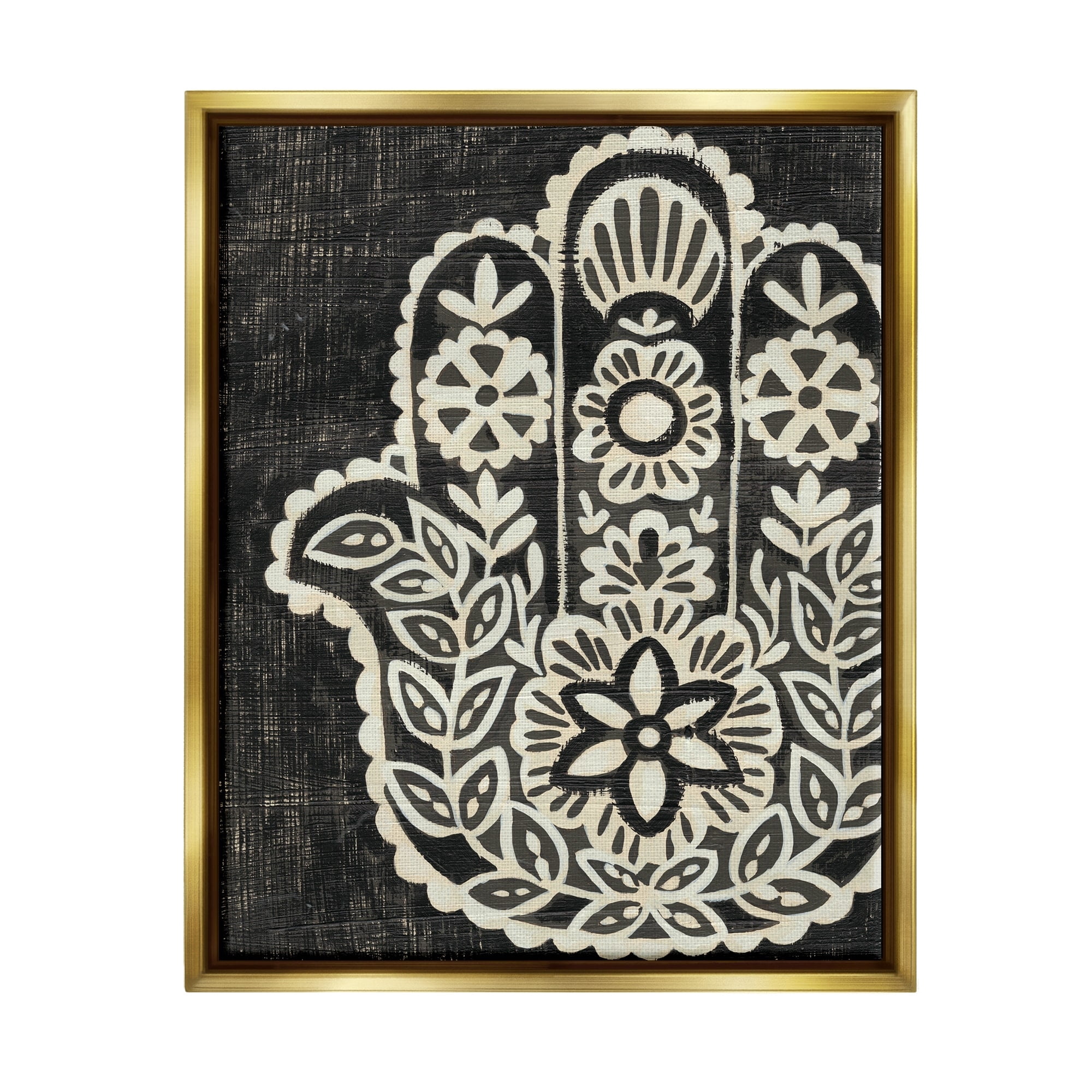 Stupell Industries Floral Pattern Black and White Hamsa Metallic Gold Framed Floating Canvas Wall Art, 16x20, by Chariklia Zarris
