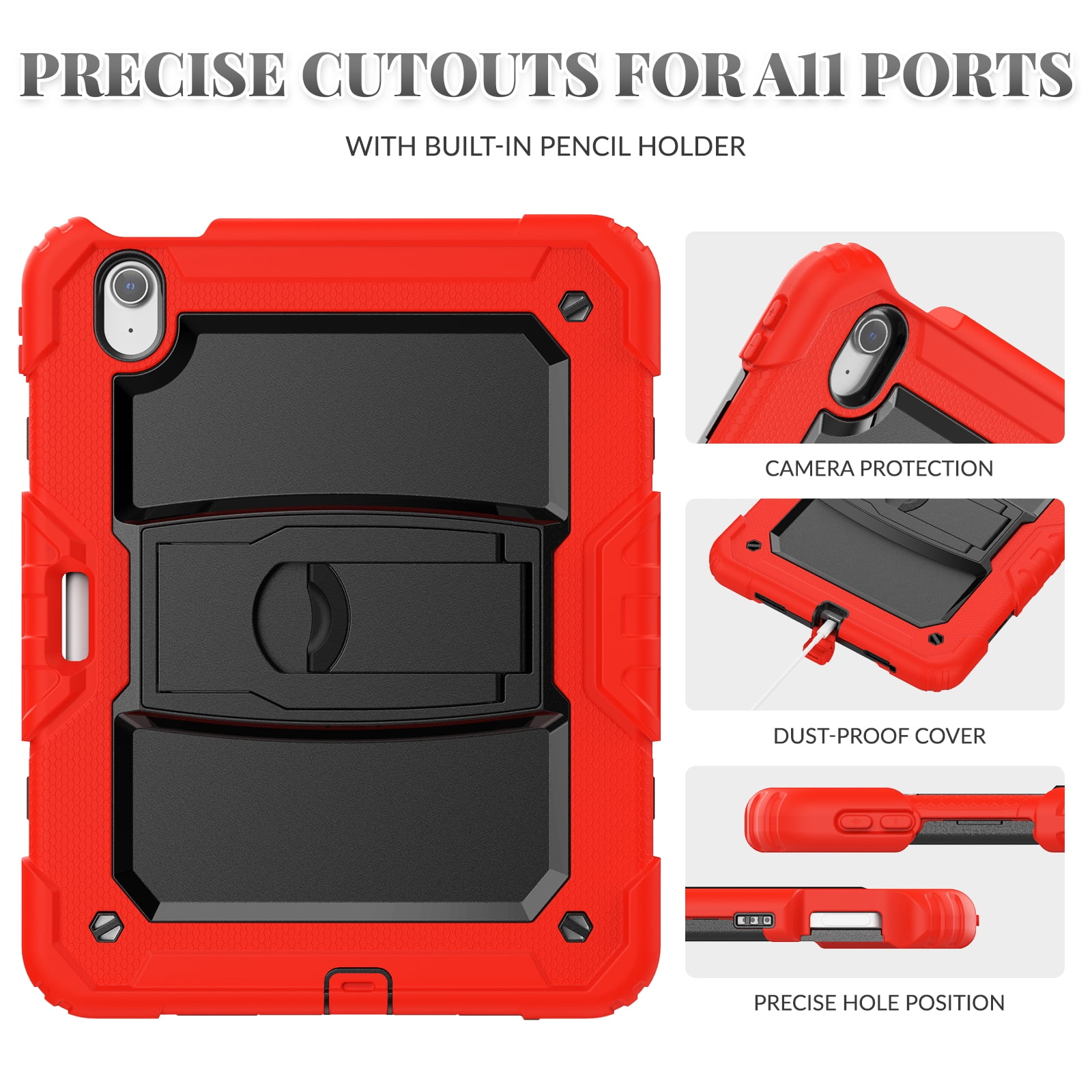 Rugged Case For Apple iPad Air 11 (2024) – 3-Layer Protection Shockproof Stand Cover with Screen Protector, Adjustable Stand, Shoulder Strap, & Pencil Holder -- Red