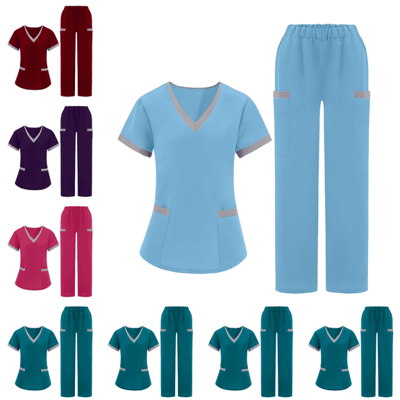 Mifsaly Scrub Sets for Women Wide Leg Pants Contrast Trim V Neck Scrub Sets Modern Fit Medical Uniforms Breathable Nursing Scrubs 2026 S