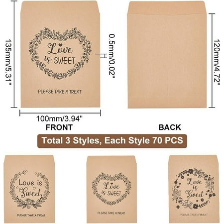 210pcs Mini Kraft Paper Bags 5.3x3.9inch Small Paper Favor Bags Brown Cookie Bags Tiny Kraft Paper Treat Bags for Wedding Party Gift Candy Bar Baptism Card Small Business Love is Sweet