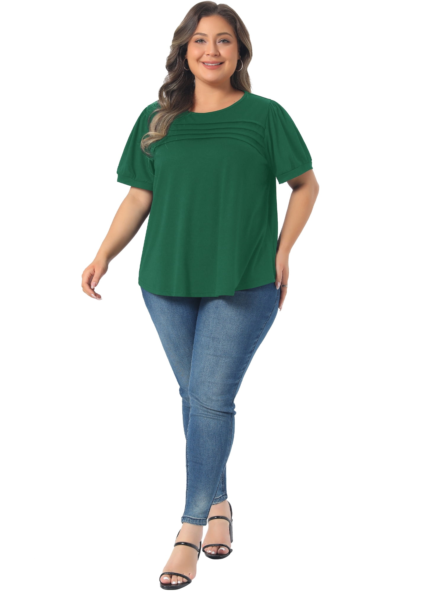 DARING DIVA Women's Plus  Crew Neck Pleated Casual Crew Neck Tunic Blouse 3X Dark Green