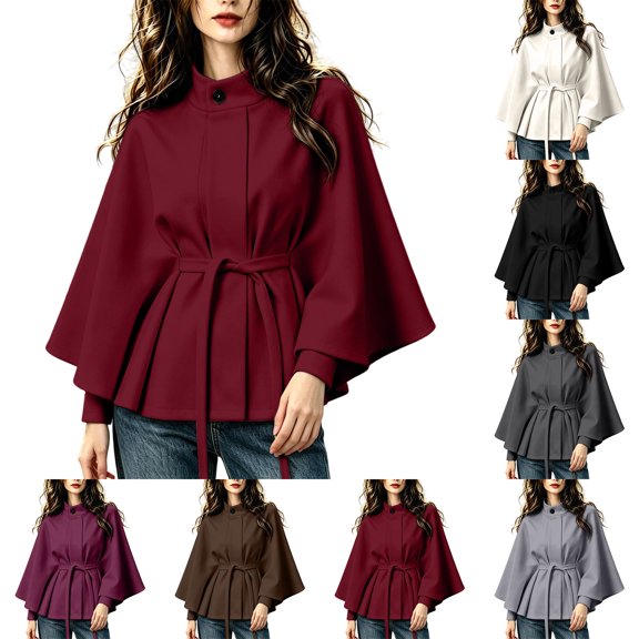 AKOEE Cape Coat for Women Belted Batwing Sleeve Poncho Jacket Dressy One-Button High Collar Winter Peacoat (XL, Red)