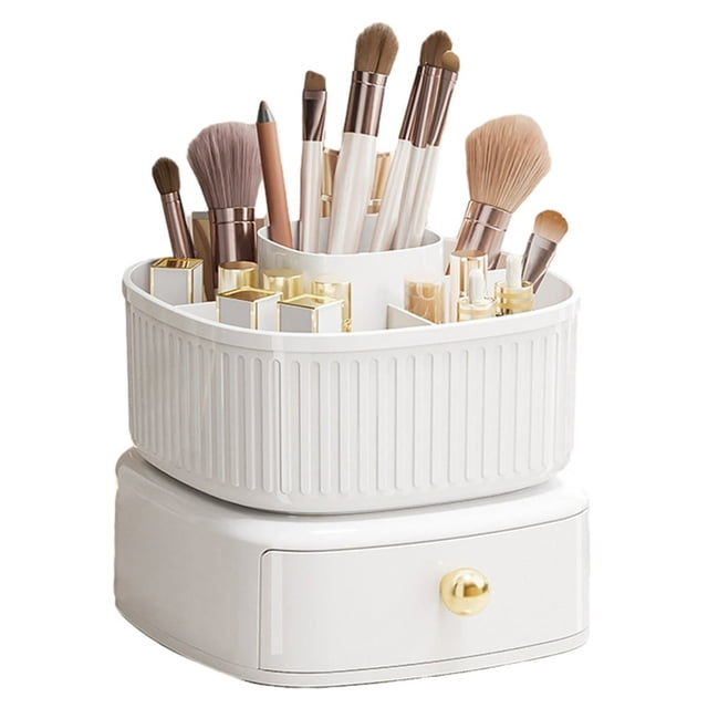 Square Makeup Organizer with Drawer 5 Slots Cosmetic Display Case (White)