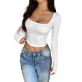 thumbnail image 3 of Women'S Square Neck Long Sleeve Ribbed Rhinestones Slim Fitted Casual Basic Crop Top White L, 3 of 8