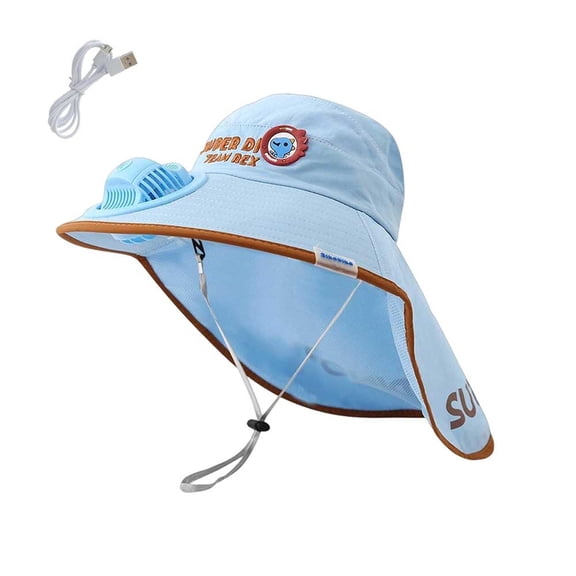CHUMUD Kids Solar & USB Powered Fan Sun Hat, Cartoon Dinosaur Wide Brim UPF 50 Cooling Neck Flap Hat with Charging Cable, Breathable Mesh Outdoor Hat for Boys Girls 3-10 Y