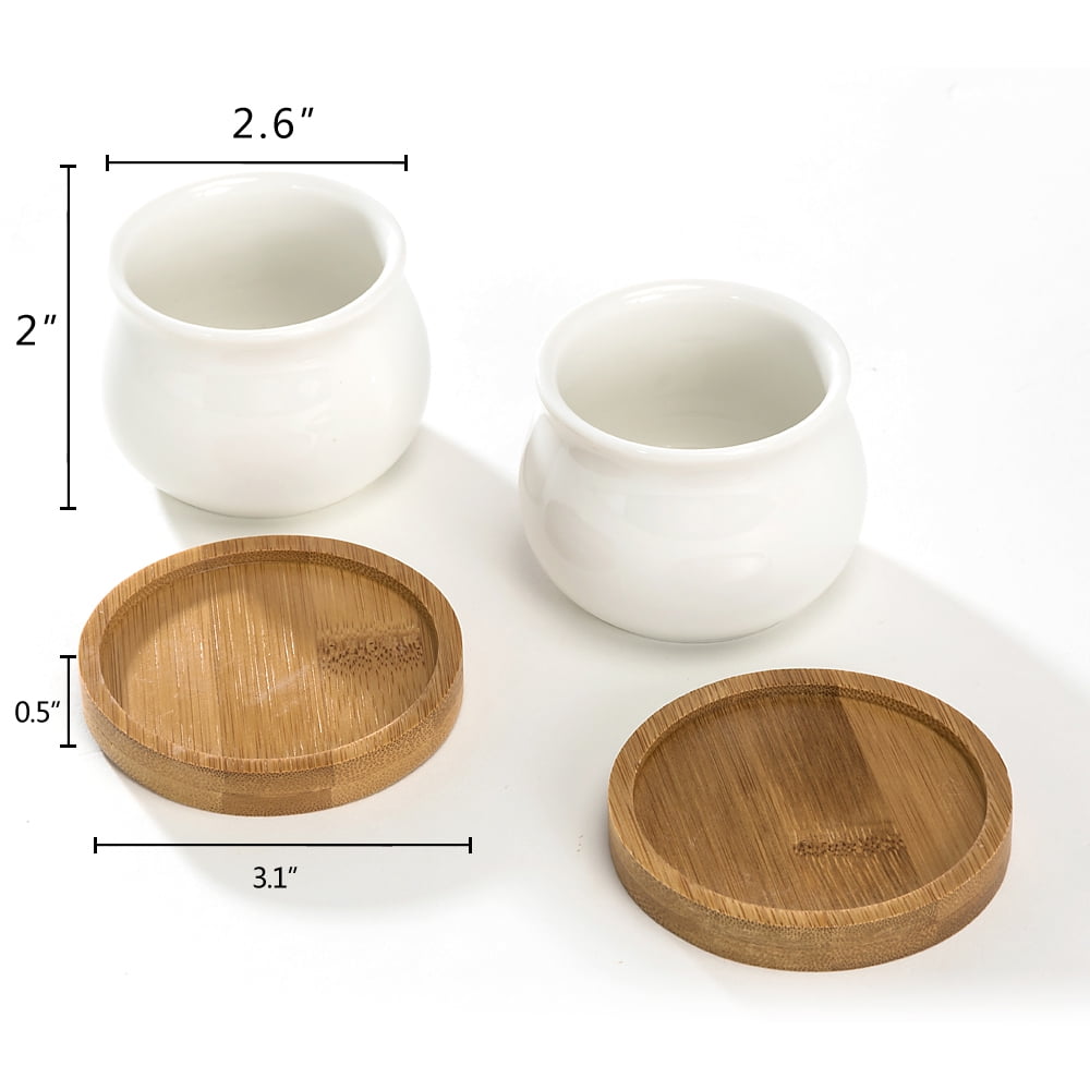 K-Cliffs White Jar Shape Design Ceramic Pots with Bamboo Tray, Set of Pot - 2.75L x 2.75W x 2H inches; Bamboo Saucer - 3.2L x 3.2W x 0.5H inches