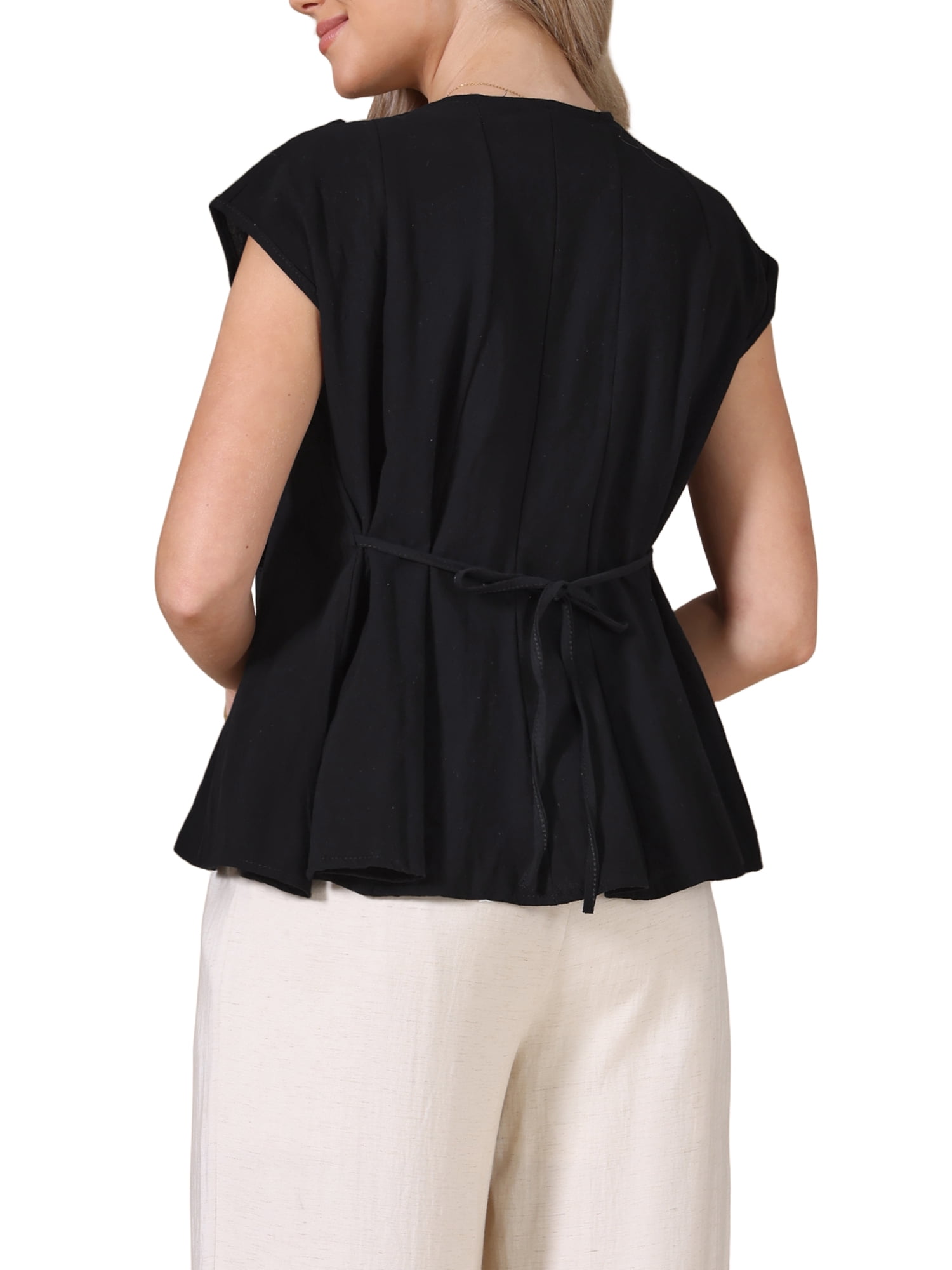 DARING DIVA Women's Peplum Tops Short Sleeve V Neck Blouse Cotton Loose Tie Back M Black