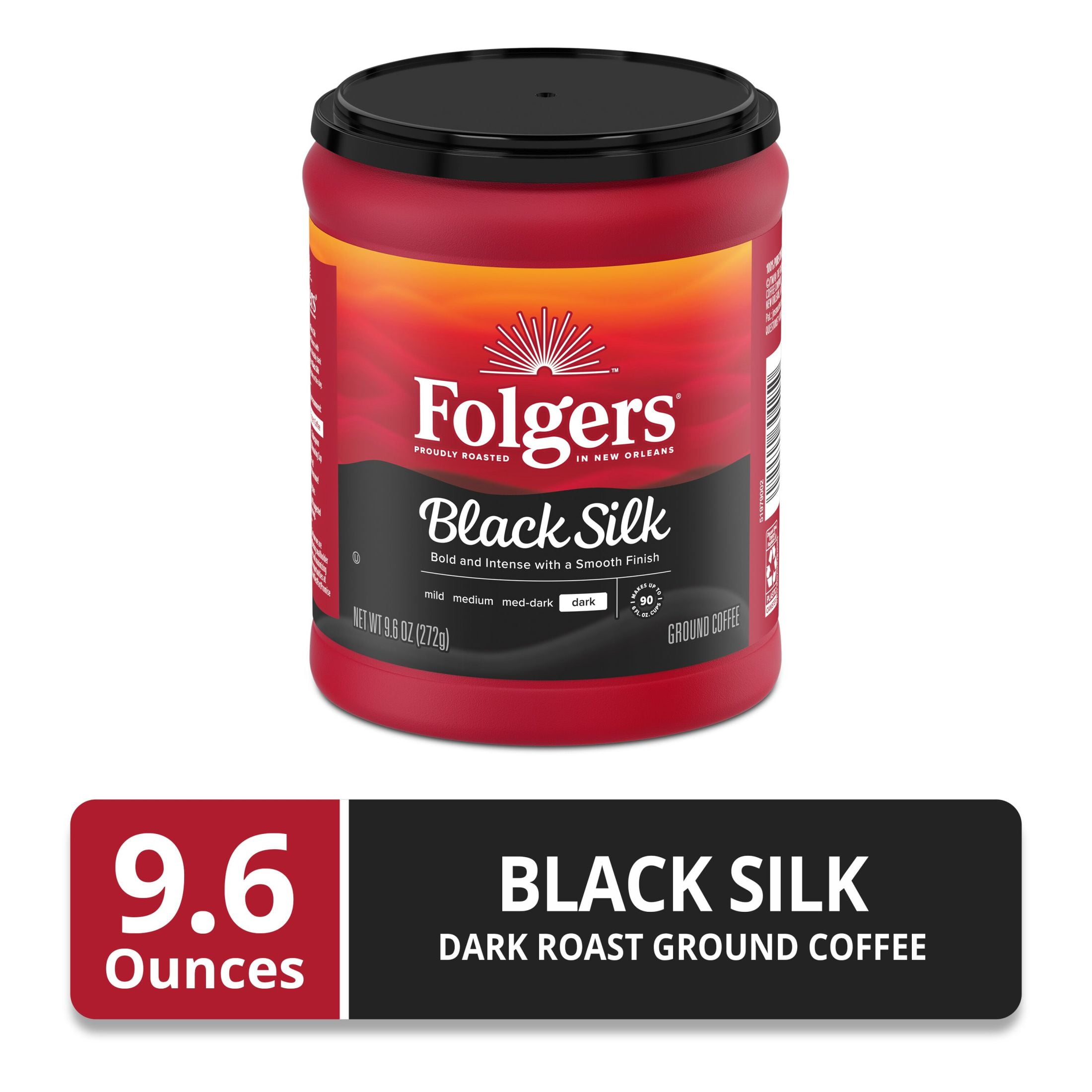 (6 pack) Folgers Black Silk Ground Coffee, Smooth Dark Roast Coffee, 9.6 oz Canister