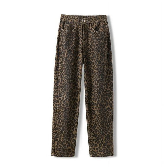 Leopard Print Jeans for Women High Waiste Y2k Retro Fashion Streetwear Denim Pants