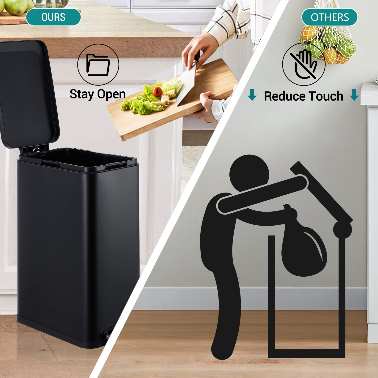 Gaderth 13 Gallon Step Trash Can, Stainless Steel Kitchen Garbage Bin with Soft-Close Lid & Removable Inner Bucket, Fingerprint-Resistant Slim Rectangle Design for Narrow Spaces