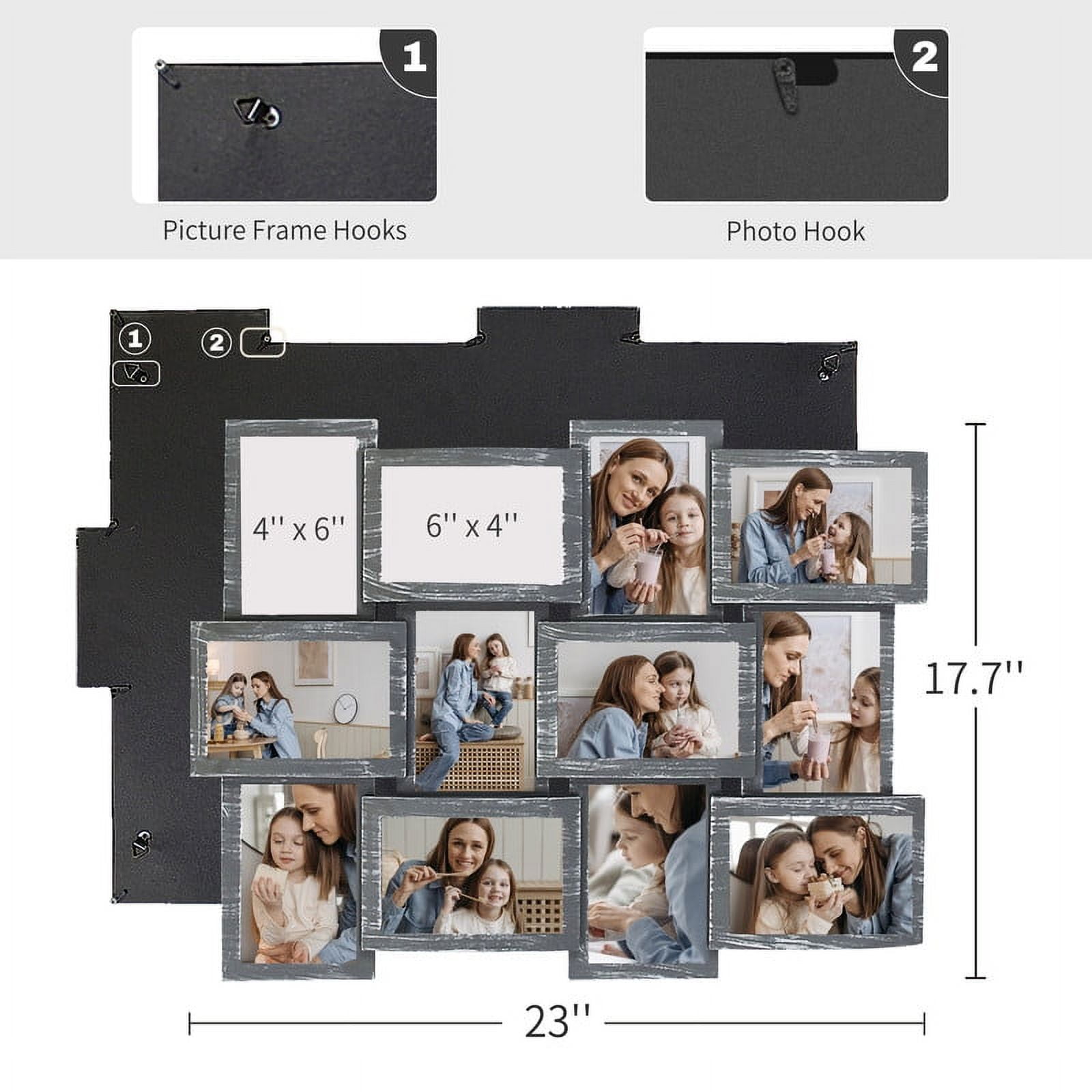 Classic Wall Hanging Picture Frame Collage Gallery Display 12 Opening 6" x 4" Photo Gray